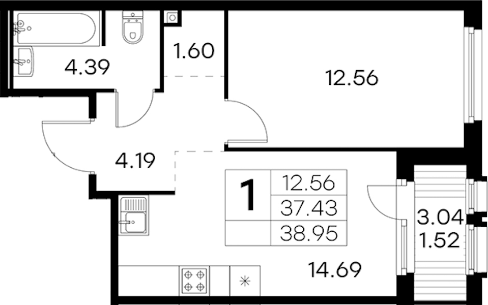 1-комнатная квартира 38.95 м², 12/15 эт., ЖК «GloraX Парголово»